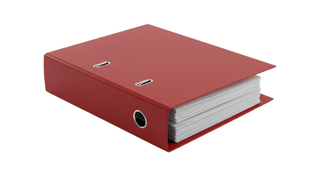 Red Ring Binder with Documents on White Background.