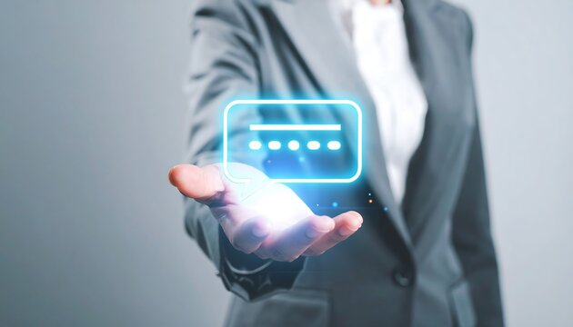 Holographic speech bubble icon in businesswoman hand representing modern digital communication