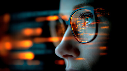 Fototapeta premium Close-up of a person wearing glasses reflecting digital code, symbolizing technology, data analysis, and cybersecurity in a dark, futuristic setting