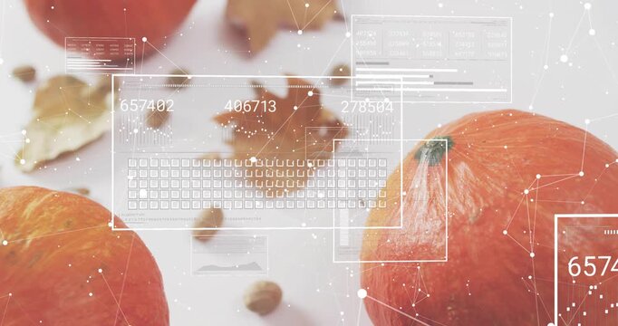Network nodes drifting starting panels sliding fading readouts updating showing metrics on pumpkins