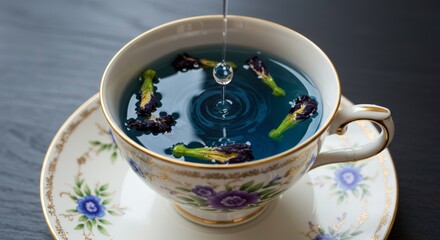 Beautiful teacup with blue floral herbal infusion