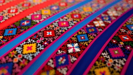 Vibrant textile with geometric floral patterns and bold blue and