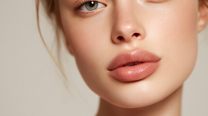 Fototapeta premium Close-up of a woman's flawless skin and full lips with natural makeup on a neutral background, highlighting smooth texture and subtle pink tones