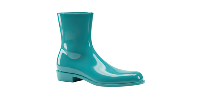 Stylish shiny teal rubber rain boot isolated on a white background.