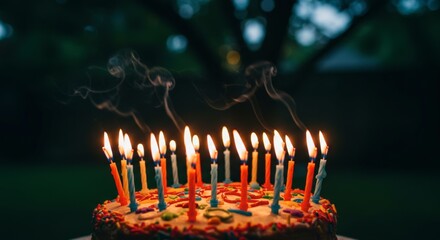Birthday cake with candles outdoor