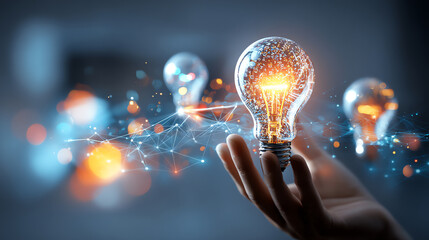 A hand holding a glowing light bulb with digital network connections and multiple illuminated bulbs in the background, symbolizing innovation and ideas