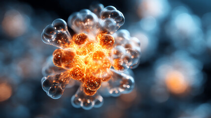 Obraz premium Close-up of a glowing, translucent molecular or atomic structure with vibrant orange and blue hues, showcasing a scientific and futuristic microscopic view