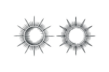 Fototapeta premium Two stylized sun emblems with radiating lines and hatching. Vector hand drawn illustration