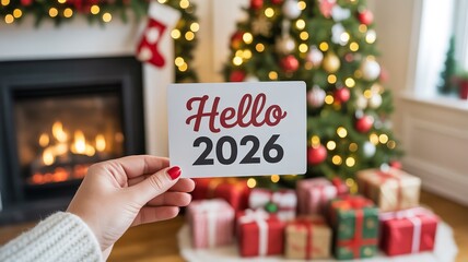 Hand holding hello two thousand twenty six card near christmas tree and fireplace indoors