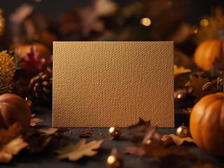 Golden textured card against autumn harvest background with pumpkins, pinecones, acorns, dried leaves and glowing lights, for Thanksgiving or or festive greeting cards