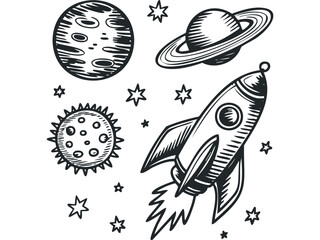 Cosmic adventure with rocket, planet, and stars. Vector hand drawn illustration