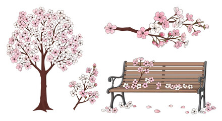 Vector set of spring cherry blossoms. Blooming sakura tree, delicate floral branch, and park bench with pink petals, perfect for nature-inspired designs