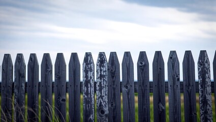 Weathered Picket Fence Against a Soft Cloudy Sky, Showing Signs