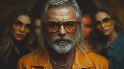 Mature man in mustard yellow leather jacket, focused stare, surrounded by women in sunglasses