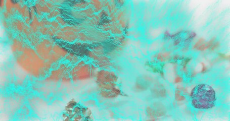 Turquoise fractal energy appearing from left edge rippling across beads revealing emerging lips - Powered by Adobe