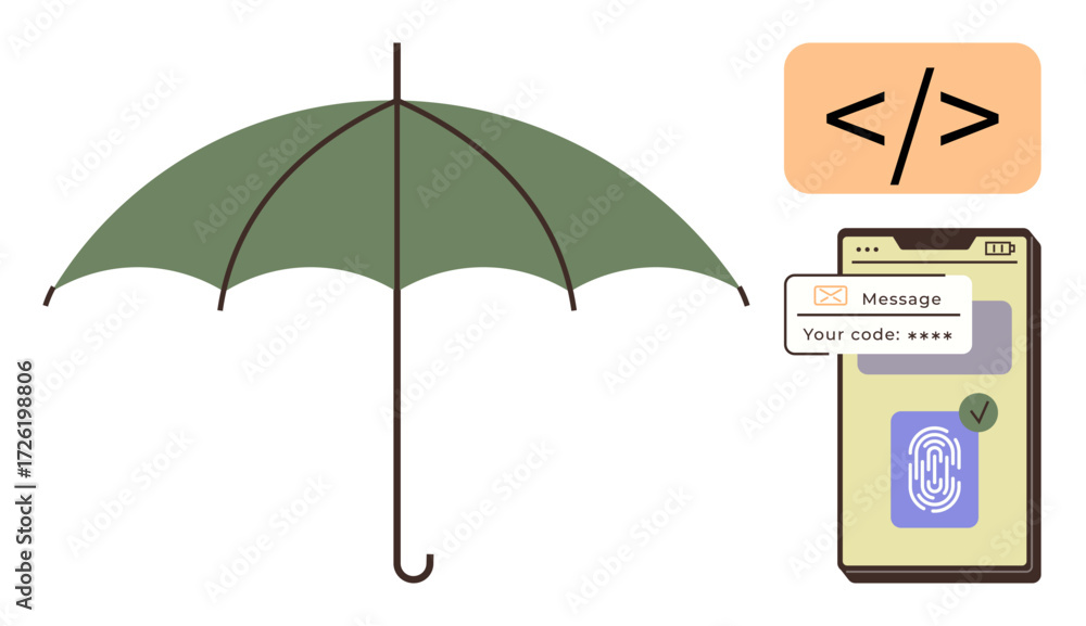 Poster green umbrella symbolizing protection alongside mobile authentication process and coding tag. ideal 