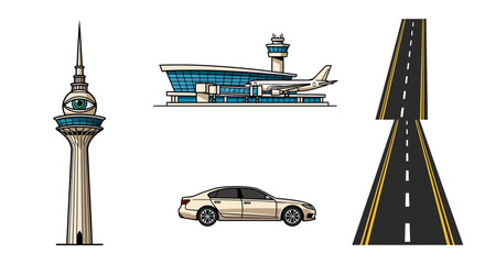 Vector set of modern tower, airport, car, and road on white background