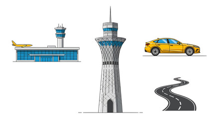 Airport and Transportation Icons Terminal, Control Tower, Car, and Road