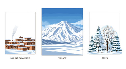 Illustrations of winter scenes Mount Damavand, a snowy village, and snow-covered trees