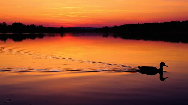 Duck Swimming Peacefully on Water at Colorful Sunrise