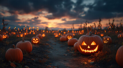 Spooky Halloween Pumpkins glowing in a pumpkin patch