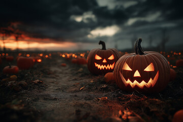 Spooky Halloween Pumpkins glowing in a pumpkin patch