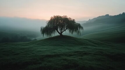 Solitary willow tree atop a misty hill at dawn evoking a sense of peace and tranquility