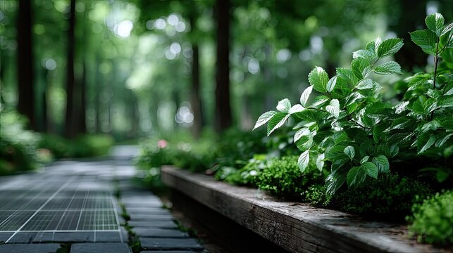Solar Panels on Cobblestone Path with Greenery in Forest Environment Blurred Background Sunlight Ecopower Sustainable Energy Green Initiative Eco-Friendly Cinematic