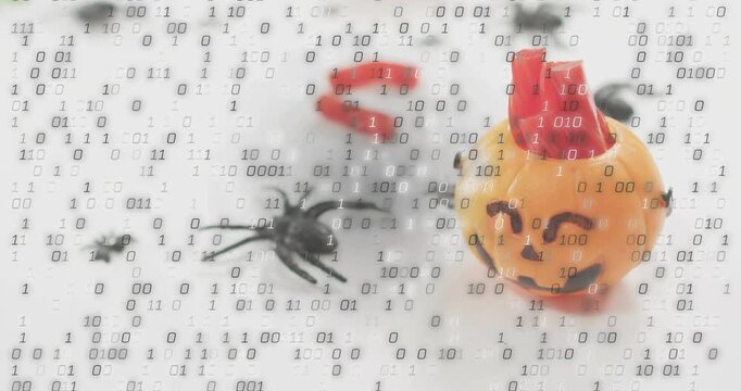 Binary code appearing and drifting over pumpkin and spider, flooding frame to show data intrusion