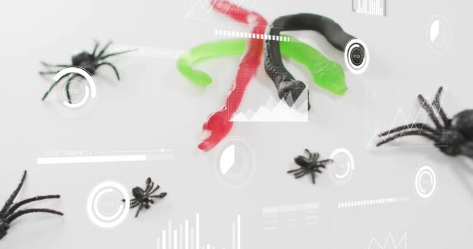 On start overlays sliding and rotating over rubber snake, gummy worms and spiders to visualize data