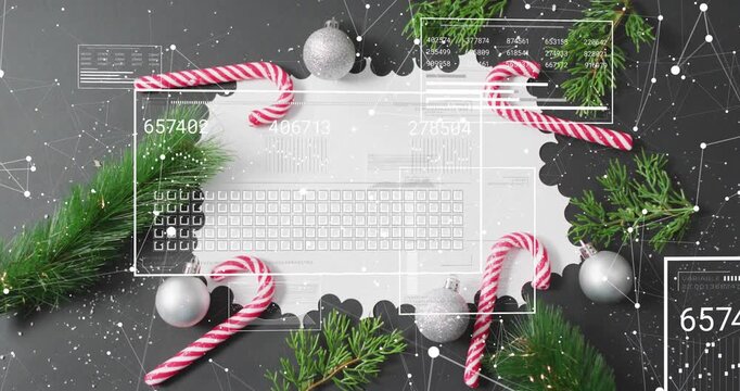 Drifting particles initiating frame fade laptop outline revealing HUD panels showing holiday data