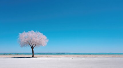Solitary Leafless Tree Silhouetted Against a Clear Blue Sky in Winter Landscape Minimalist Aesthetic with Barren Branches on Horizon Sunlight