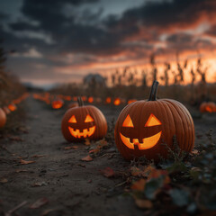 Spooky Halloween Pumpkins glowing in a pumpkin patch