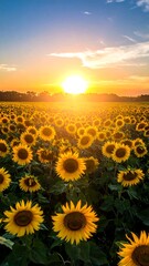 Fototapeta premium Vibrant sunset over a vast sunflower field (1)