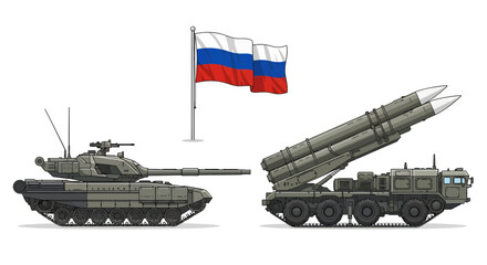 Military Hardware and Russian Flag Displayed on White Background Vector Illustration