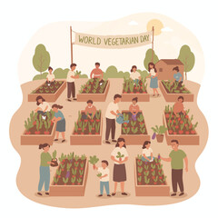 people planting vegetables in a community garden, celebrating World Vegetarian Day, soft earthy tones.