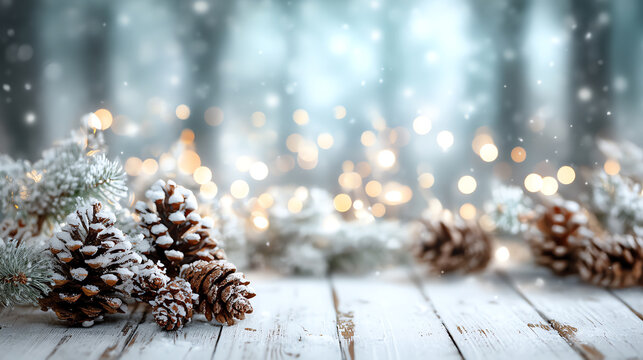 A festive winter scene with snow-dusted pinecones and branches on rustic wooden planks, illuminated by soft, warm bokeh lights in the background