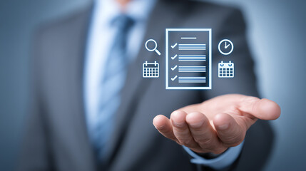 A businessman in a suit holds a digital checklist with icons for calendar, clock, and magnifying glass, symbolizing task management, scheduling, and productivity