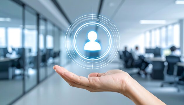 Holographic user profile icon floating above businesswoman hand in modern digital concept