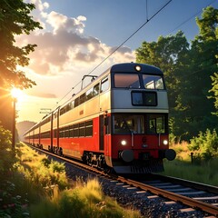 Obraz premium A red and white passenger train travels through a lush green landscape at sunset