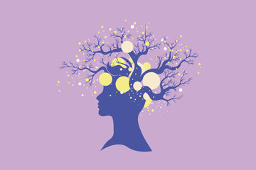 Abstract Head Silhouette with Tree Branches and Digital Nodes – Brain, Growth and Business Concept Illustration