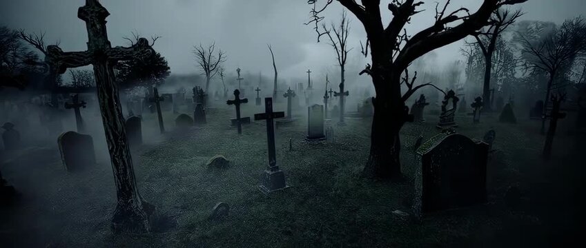 Creepy Old Graveyard at Night - Gothic Horror Cemetery Background. A perfect background for horror, gothic, or supernatural-themed visual content, setting a tone of dread and decay.