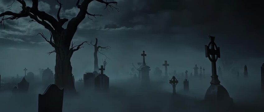 Creepy Old Graveyard at Night - Gothic Horror Cemetery Background. A perfect background for horror, gothic, or supernatural-themed visual content, setting a tone of dread and decay.