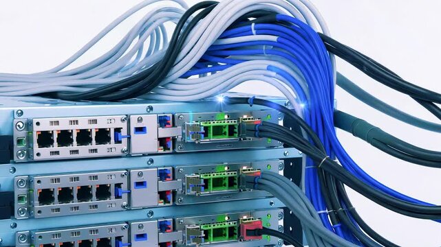 Close-up view of network server equipment with organized cables and lights indicating activity