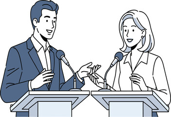 Man and woman speaking at podium, professional debate discussion, business conference communication, corporate leadership presentation, public speaking seminar, workplace event