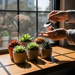Close-up of hands watering potted succulents on a windowsill, sunlight and shadows from window panes.
