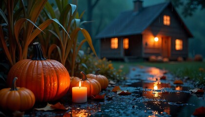 Cozy autumn evening with glowing pumpkins and a warm cabin lit by the soft glow of a candle on a rainy night