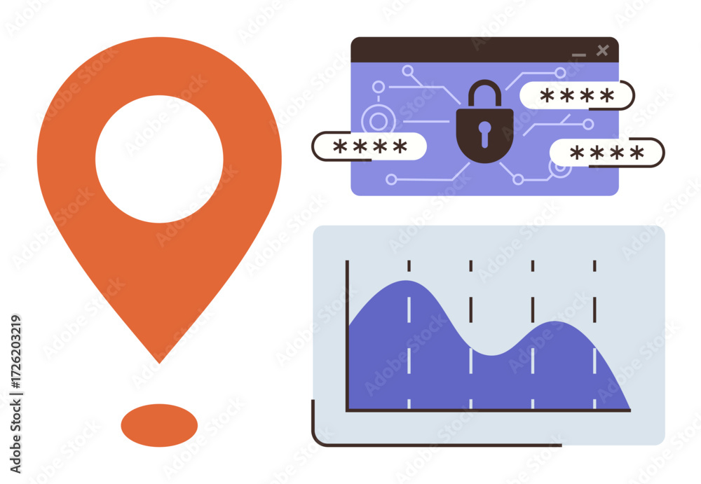 Poster map pointer, secured password fields with lock, and analytics chart highlight safety, encryption, da