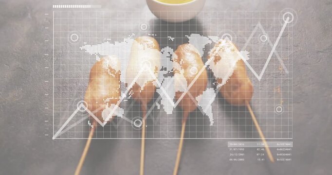 Grid fading overlaying map and circles drawing graph over corn dogs, sauce bowl to visualize trends