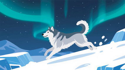 Illustration Of A Thick Haired Husky Running On White Snow With Aurora And Icy Mountains In The Background Vector Design Template © BedRoses